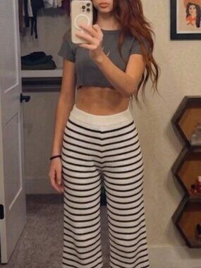 White Fox Boutique Black & White Ribbed Striped Knit Pants